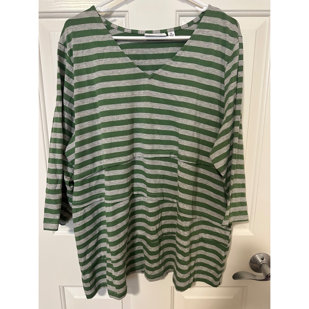 Denim & Co Top Womens 2X Green Striped V-Neck Tiered 3/4 Sleeve Cotton Blend